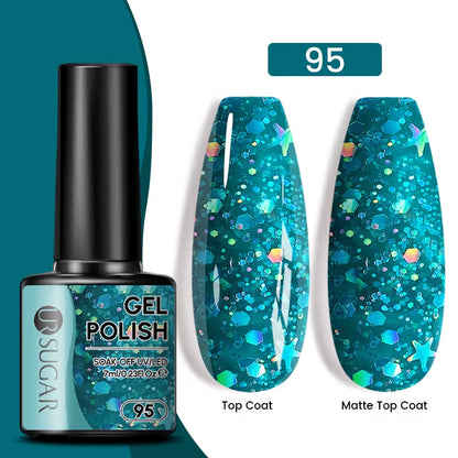 7Ml Champagne Gold Sequins Gel Nail Polish Bright Sparkling Glitter French Semi Permanent Nail Painting UV Gel